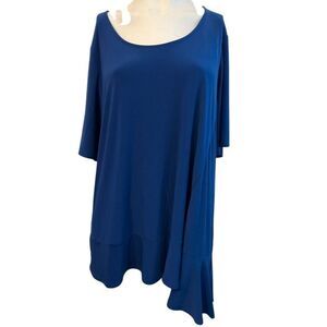 Womens XL Royal Blue Blouse Tunic Ruffled Asymmetrical Hem Stretch Dennis Basso